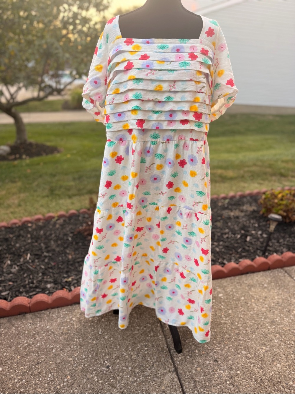 BloomChic White Midi Dress with Pink, Yellow, Teal & Purple Florals